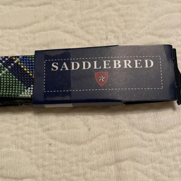 Saddlebred Silk Blend NWT Bow Tie Plaid Navy Green Gold Preppy - Picture 4 of 4